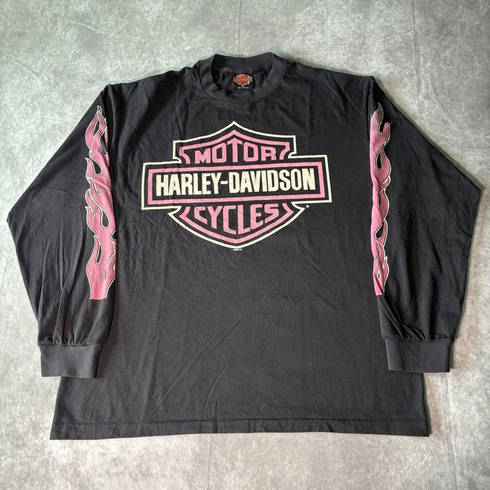 Harley Davidson  Long Sleeve Flame Shirt Black Pink XL Single stitch Modern